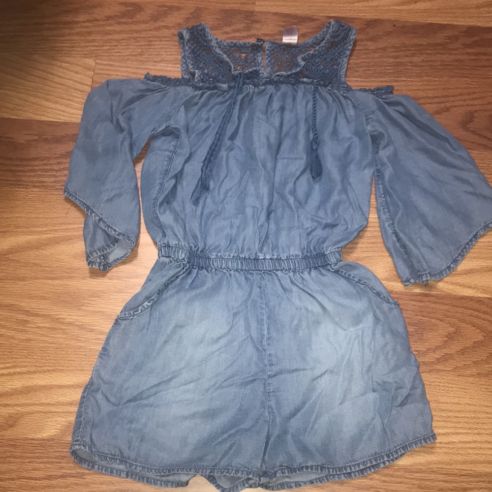 Justice Girls Chambray Romper with Crochet Detailing